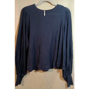 Free People Boho Bell Sleeve Blouse Navy Blue Ruffle Pleated Top Medium Light